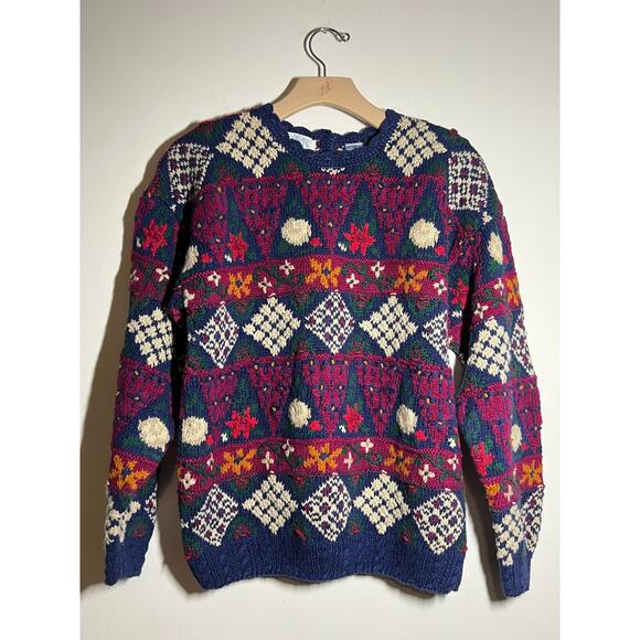 VTG Frankenmuth Woolen Mill Hand Knit Cotton Ramie Patchwork Pullover Sweater L - Picture 1 of 10